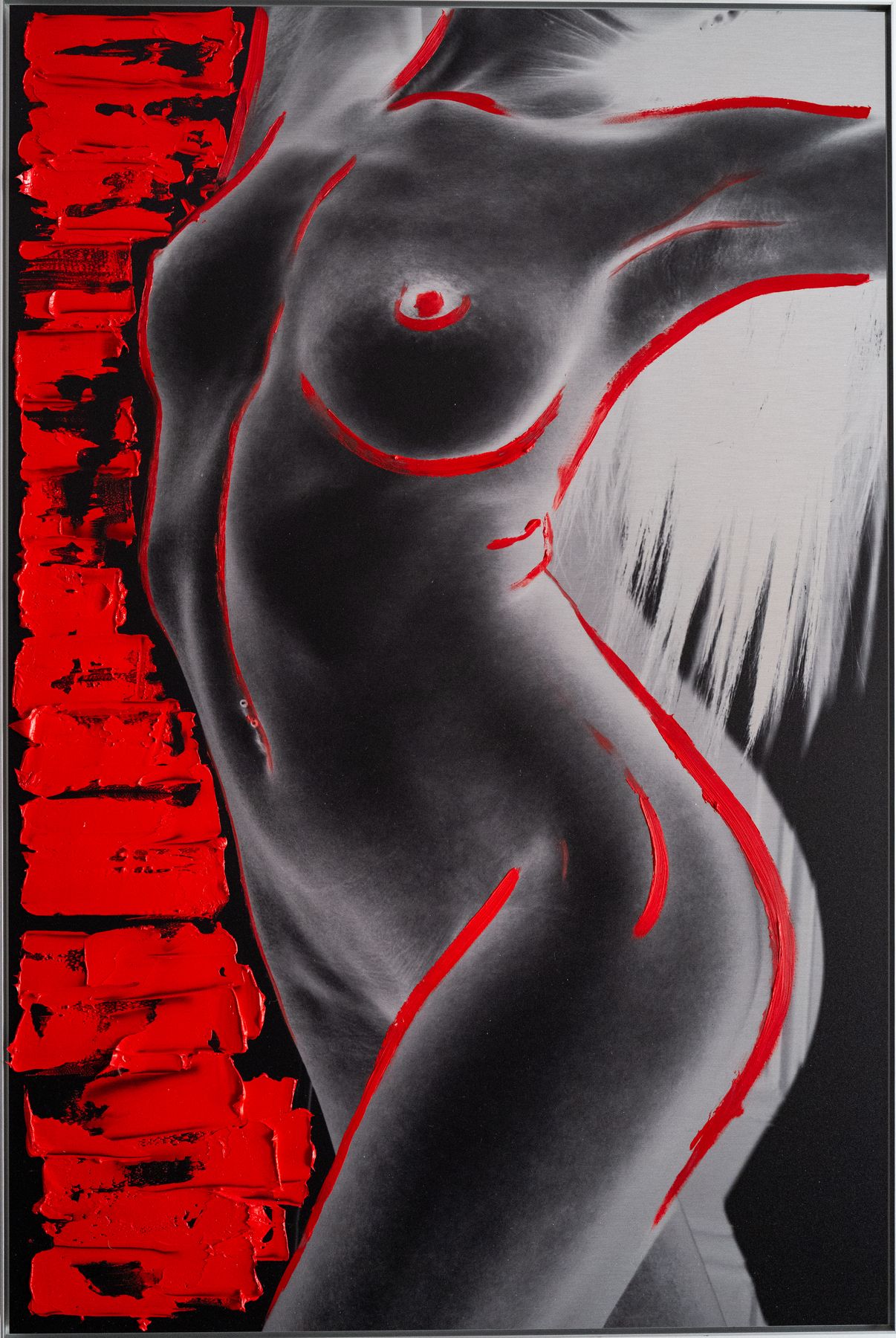 Untitled. Black-and-white photograph on brushed aluminium and oil paint, 90 × 60 cm