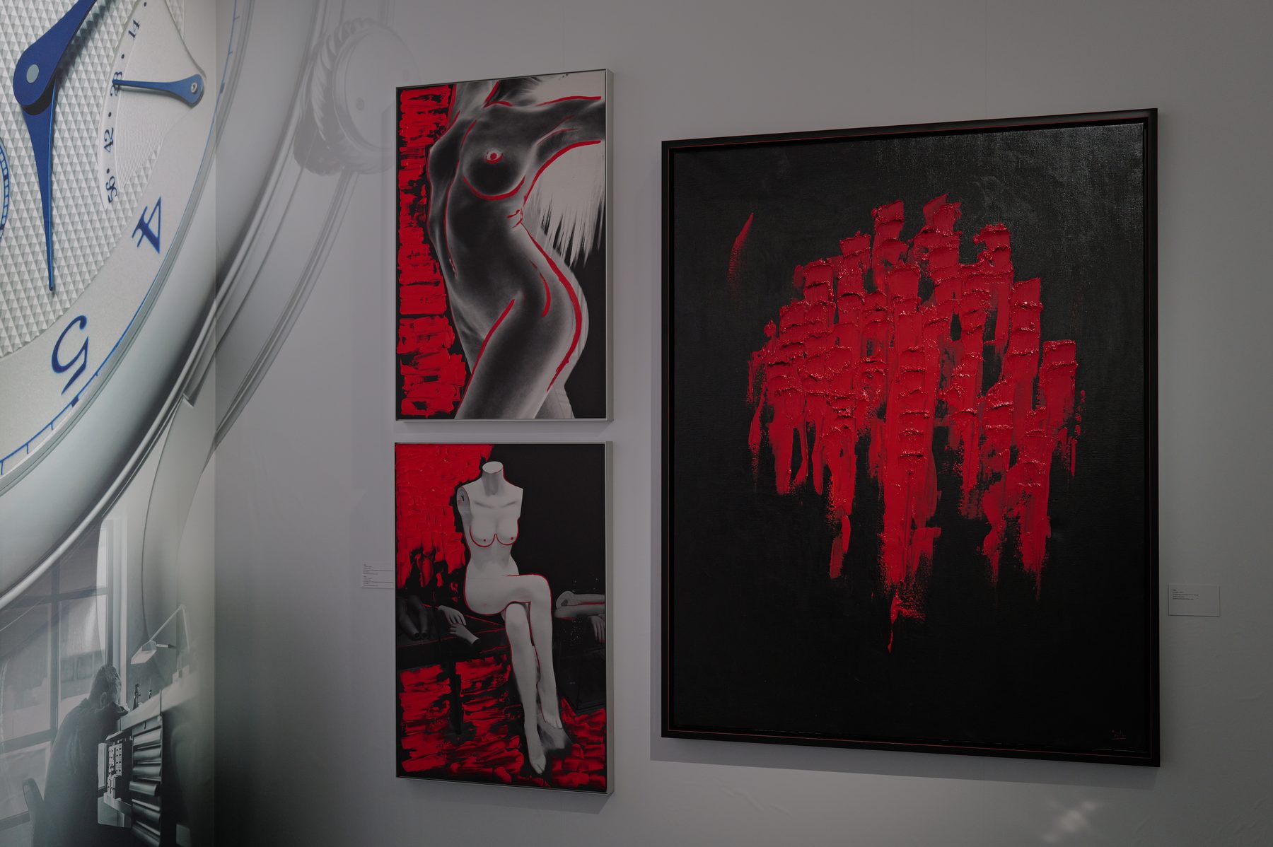 Two collaborative works beside a painting by Tiphaine Koltes